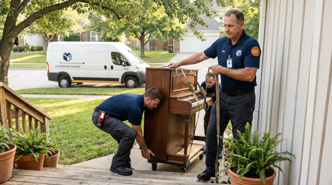 Licensed piano movers securing grand piano in Mount Pulaski, IL