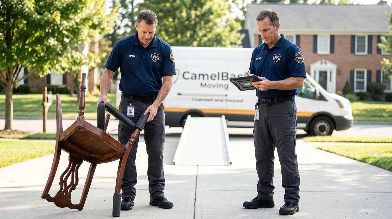 Movers inspecting furniture for damage prevention before loading in Mount Pulaski, IL