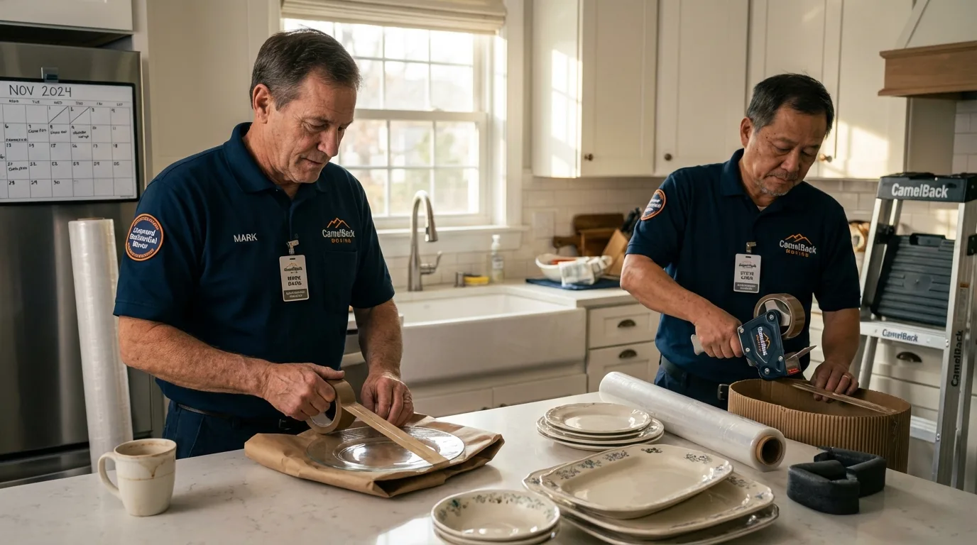 Professional crew packing kitchen dishware in Mount Pulaski, IL